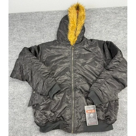 VTG Jordan Craig‎ Black Bomber Jacket Hooded Faux Fur Trim Orange Lined Mens 5XL